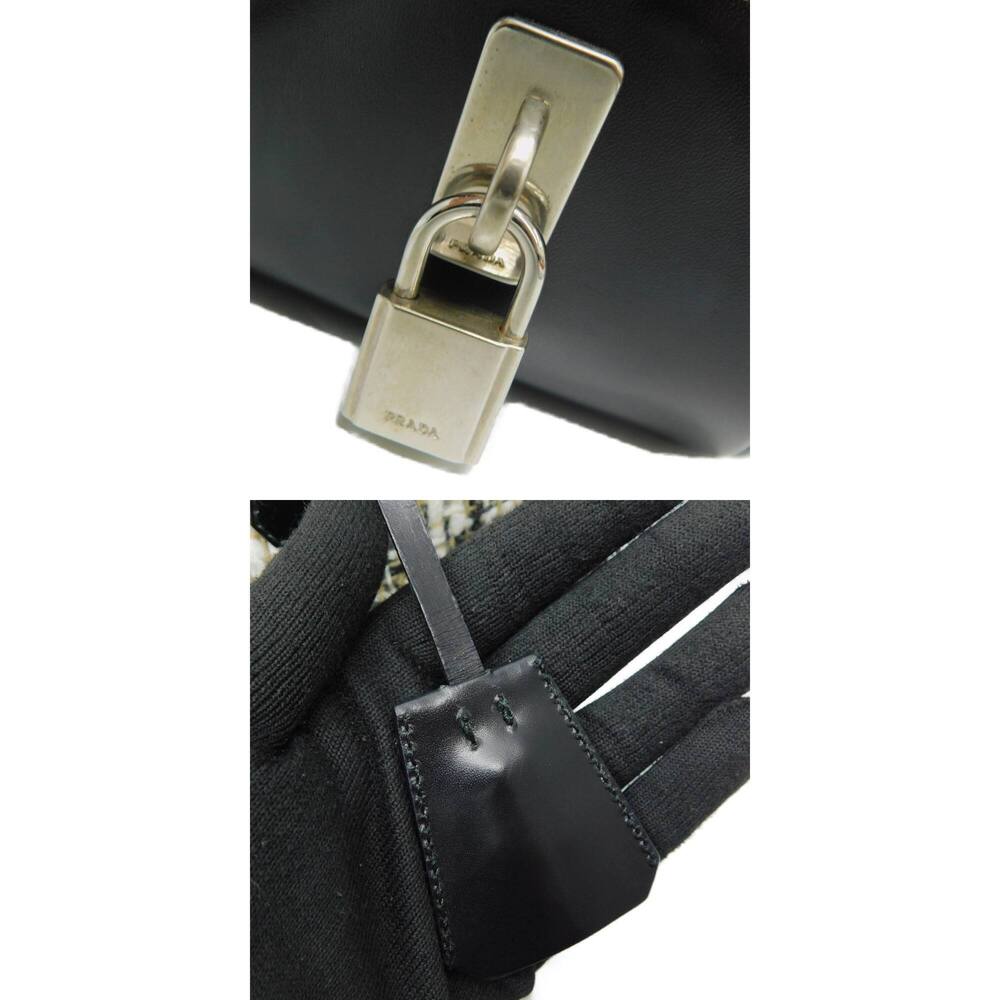 PRADA Boston Handbag Tweed Leather Beige Black Compact - Picture 7 of 9